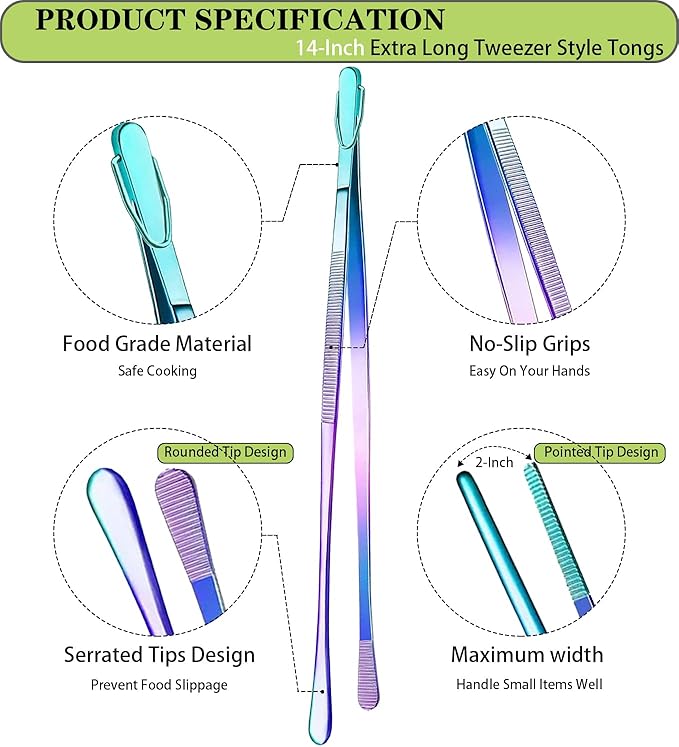 JETKONG 2 Pcs 14-Inch Culinary Tweezers Extra Long Food Tweezers Kitchen Tweezer Tongs for Cooking Grilling and BBQ (Rainbow)