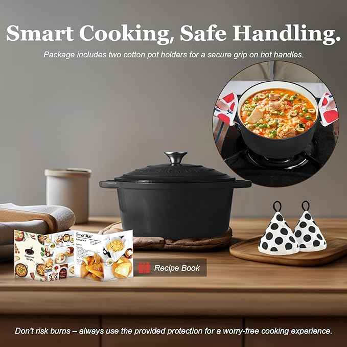 Overmont Enameled Cast Iron Dutch Oven - 5.5QT Pot with Lid Cookbook & Cotton Potholders - Heavy-Duty Cookware for Braising, Stews, Roasting, Bread Baking Graphite Gray