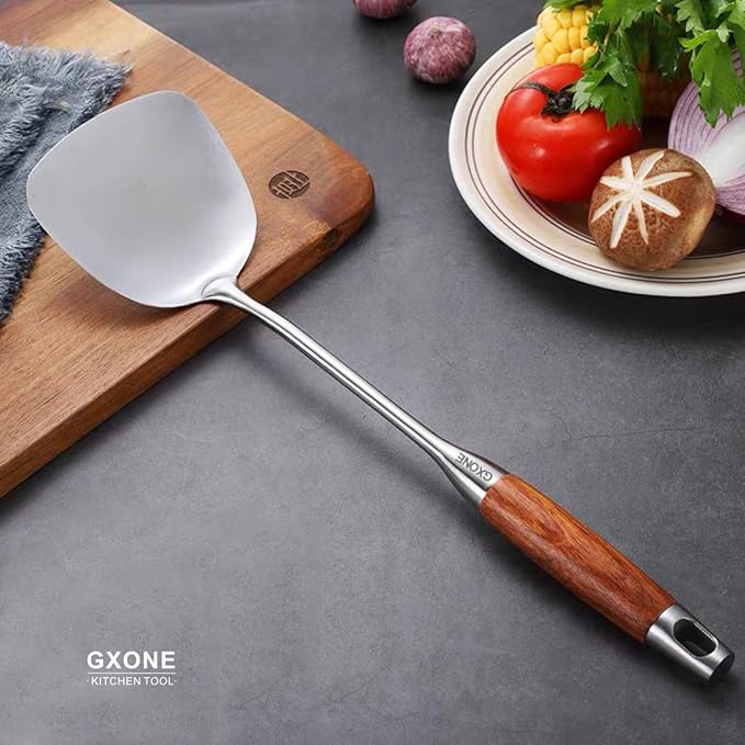 Chinese Wok Spatula, 304 Stainless Steel Spatula with Heat Resistant Wooden Handle Wok Utensils,Silver/15.7Inch