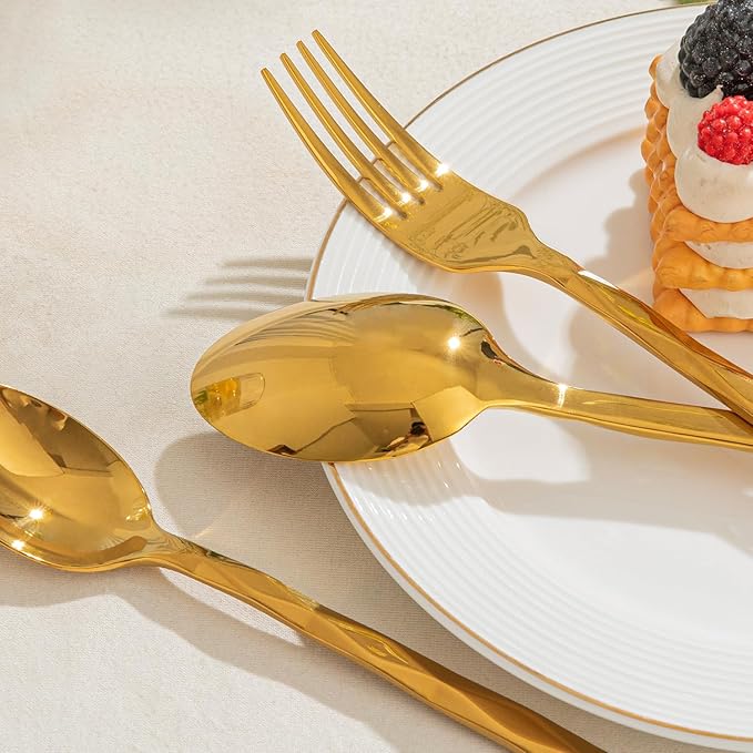 KINGSTONE Gold Silverware Set, Luxury 20 Piece Flatware Set for 4, 18/10 Stainless Steel Cutlery Set with Diamond Cut Pattern for Kitchen, Home, Wedding, Party, Mirror Polished and Dishwasher Safe