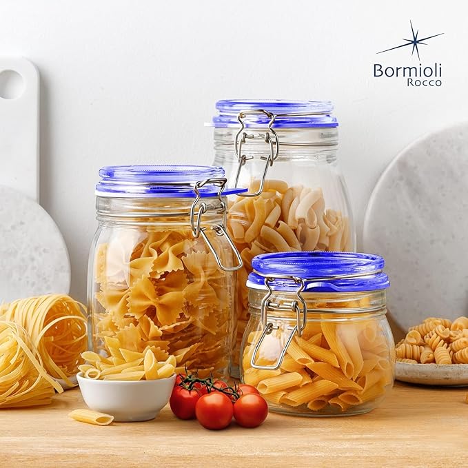 Bormioli Rocco Fido Square Jar with Blue Lid, 17-1/2-Ounce