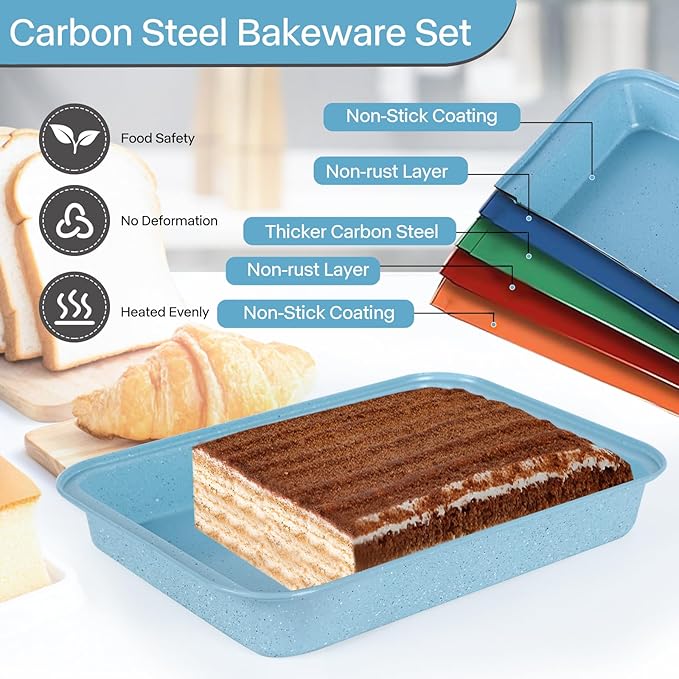 Baking Pans Set Non Stick, Bakeware Sets Stackable, Oven Safe, Steel Baking Set Supplies for Home Baking, Roasting, Easy to Release, Sturdy Bake Gifts for Holiday, Blue, 6 Pieces