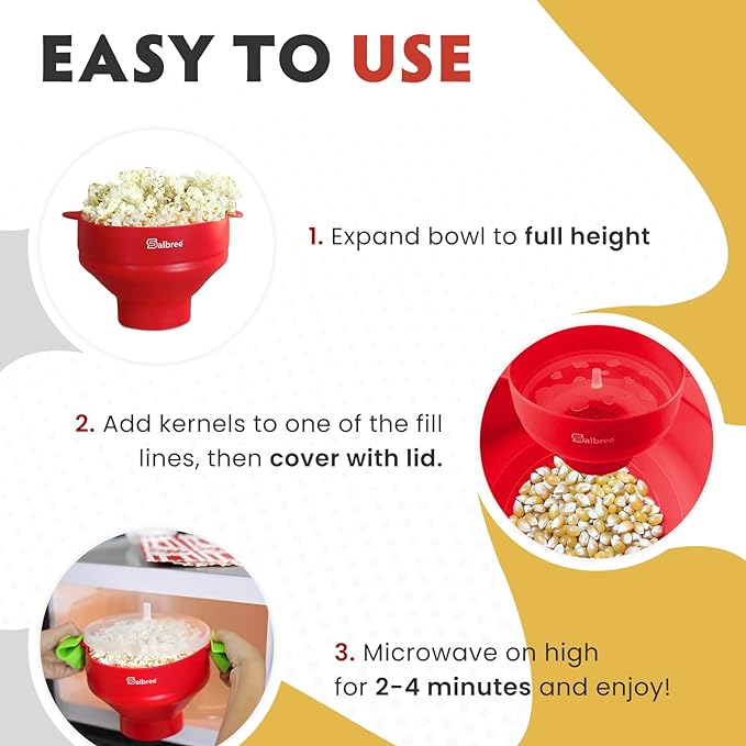 The Original Salbree Collapsible Silicone Microwave Popcorn Popper Maker Machine, Microwavable Bowl Holds 16 Cups, Uses Hot Air and Oil Always Optional - The Most Colors Available (Pink)