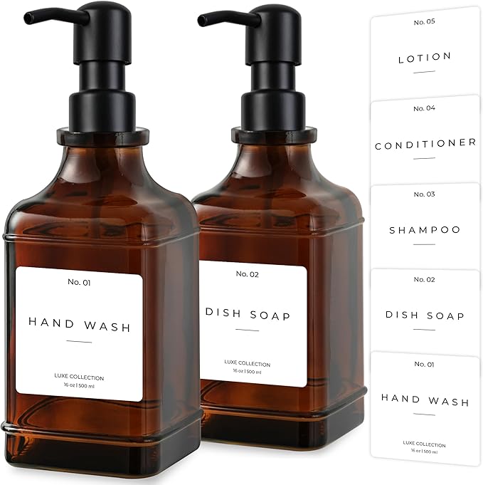 Emerson Essentials Soap Dispenser, Dish Soap Dispenser, Soap Dispenser Bathroom Set, Hand Soap Dispenser, Kitchen Soap Dispenser Set, Glass Soap Dispenser with Pump and Labels | 16 Oz 2-Pack