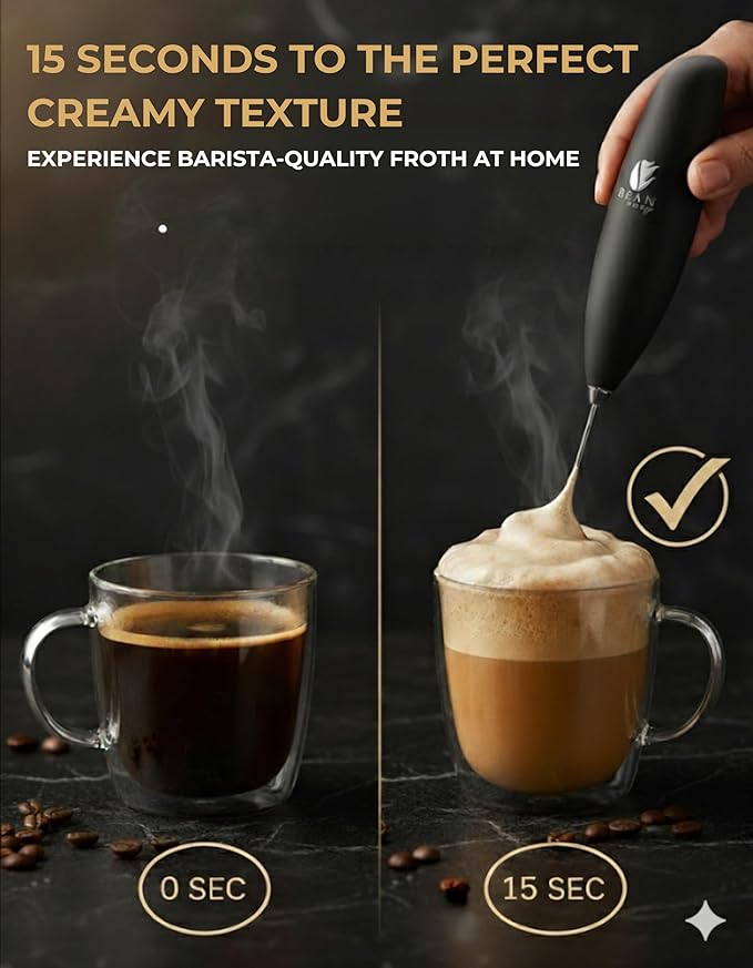 Bean Envy Milk Frother, Coffee Stirrers, Frother Wand, Milk Frother Handheld, Frother with stand, Hand Blender for Coffee, Lattes, Cappuccino, Matcha and Hot Chocolate – Kitchen Gifts - Black