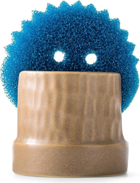 Sponge Holder for Kitchen Sink, Ceramic Sink Caddy Scrub Sponge Tray Dish Rack for Scrubbers, Kitchen Organizer, Brown