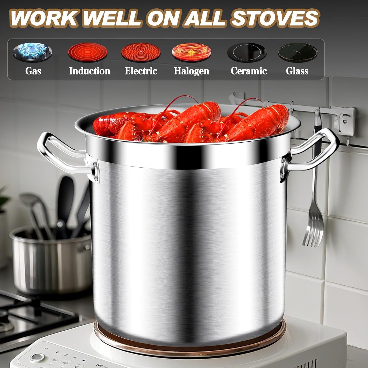 Stainless Steel Cookware Stockpot, 75 Quart Heavy Duty Induction Soup Pot With Stainless Steel Lid Commercial Grade Stock Pot for Soup, Stew, Canning, Even Heat Distribution