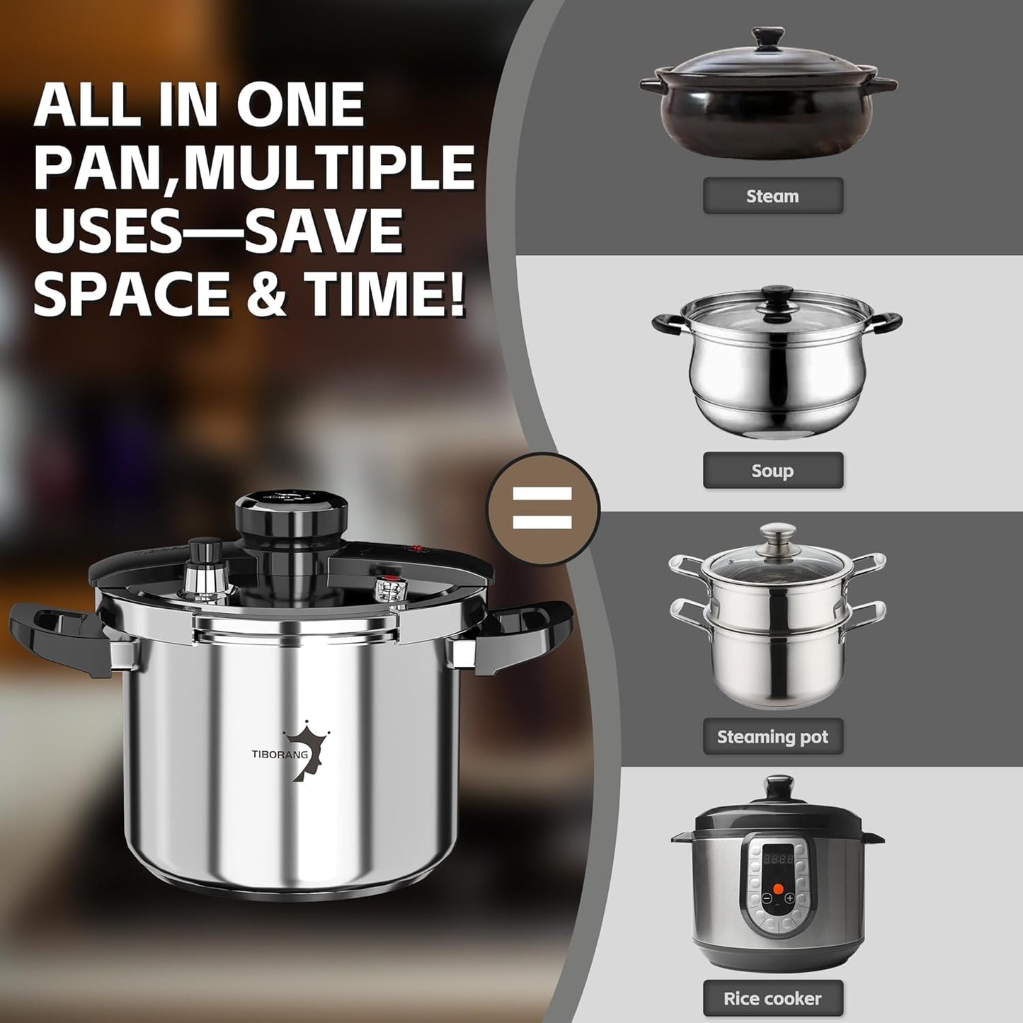 TIBORANG 8.5 QT Stainless Steel Pressure Cooker, [Multi-Cooker for Gas & Induction Stove] [Saves 70% Cooking Time] [One-Hand Operation], Family Size for 3-5 People, Olla de Presion