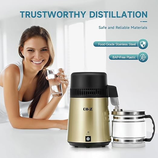 CO-Z Water Distiller, Stainless Steel Distilling Pure Water Machine for Home Countertop Table Desktop, 4L Distilled Water Making Machine, 4 Liter Water Purifier to Make Clean Water for Home