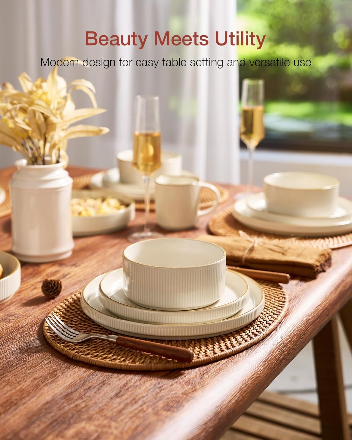 Famiware Star Dinnerware Set, Plates and Bowls Sets for 6 (18pcs), Ribbed Stoneware Dishes - Chip & Scratch Resistant, Microwave & Dishwasher Safe Kitchenware, Vanilla White