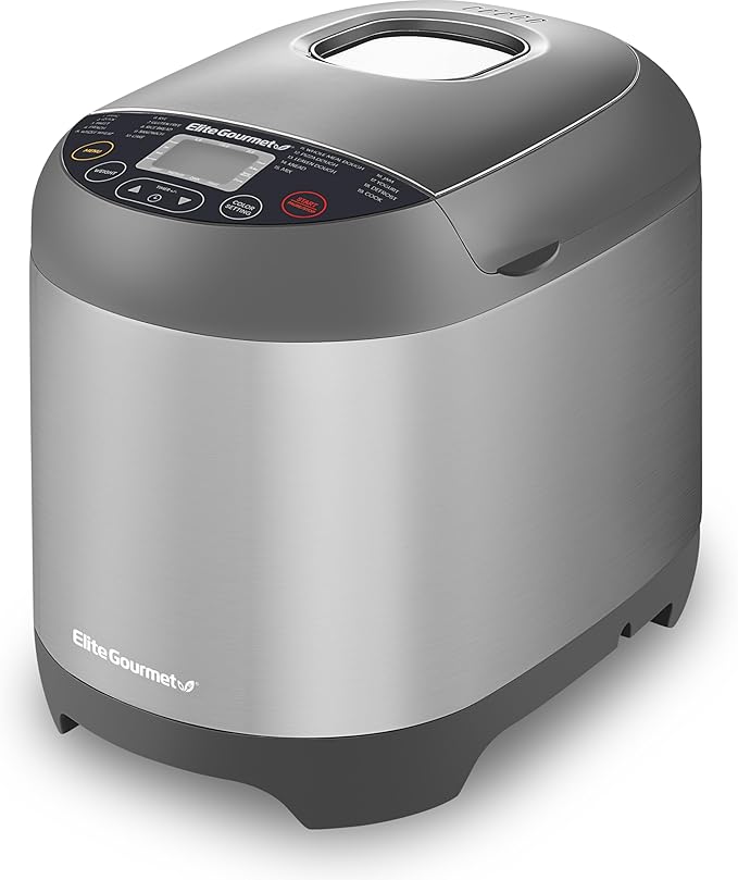 Elite Gourmet EBM8103SS Programmable Bread Maker Machine, 3 Loaf Sizes, 19 Menu Functions Gluten Free White Wheat Rye French and more, 2 Lb, Stainless Steel