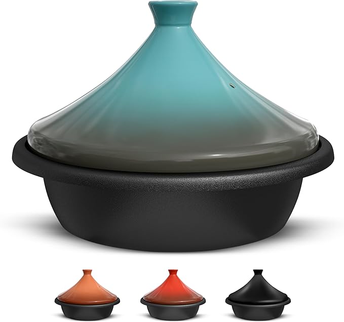 KooK Moroccan Tagine, Enameled Cast Iron Cooking Pot, Tajine with Ceramic Cone-Shaped Closed Lid, 3.3 QT, (Stone Blue)