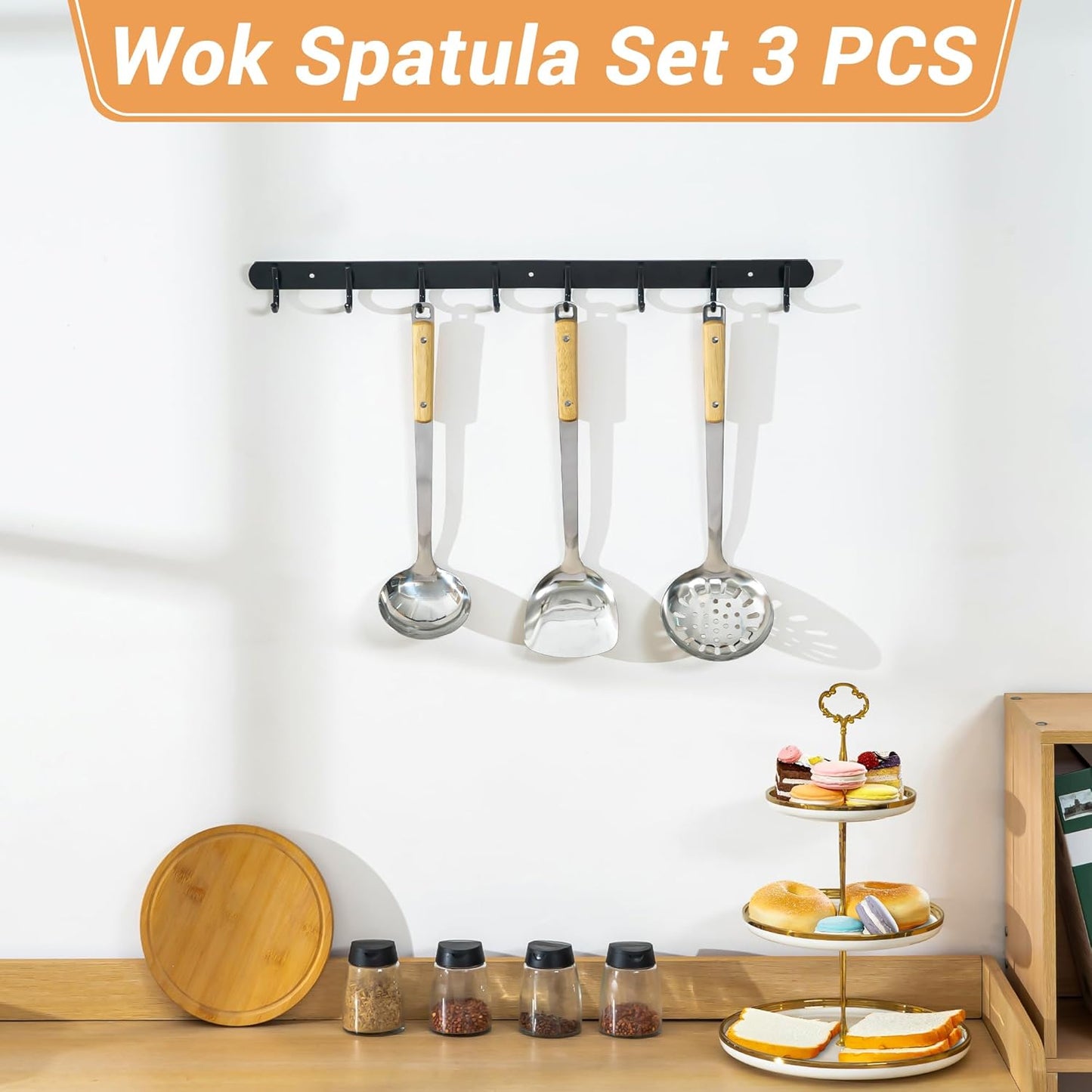 FJNATINH Wok Spatula and Ladle Skimmer Spoon - Stainless Steel Cooking Utensils Set of 3,Kitchen Wok Utensils Set