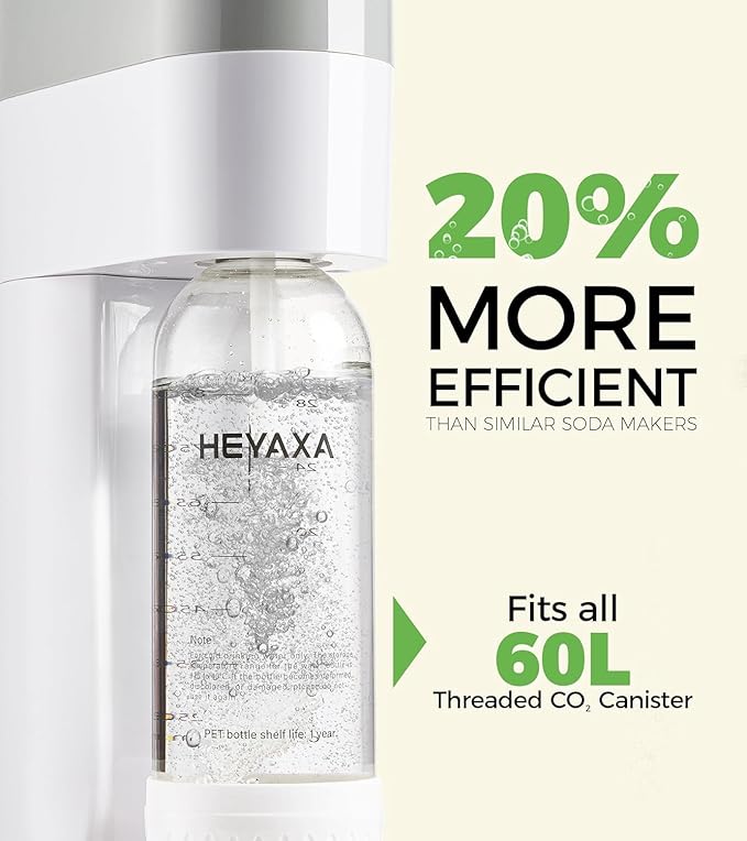 HEYAXA Sparkling Water Maker, Soda Maker Machine for Quickly Creating Refreshing Soda, Includes 2x BPA-Free 1L Carbonation Bottle, Compatible with 60L CO2 Carbonator (Pearl White)