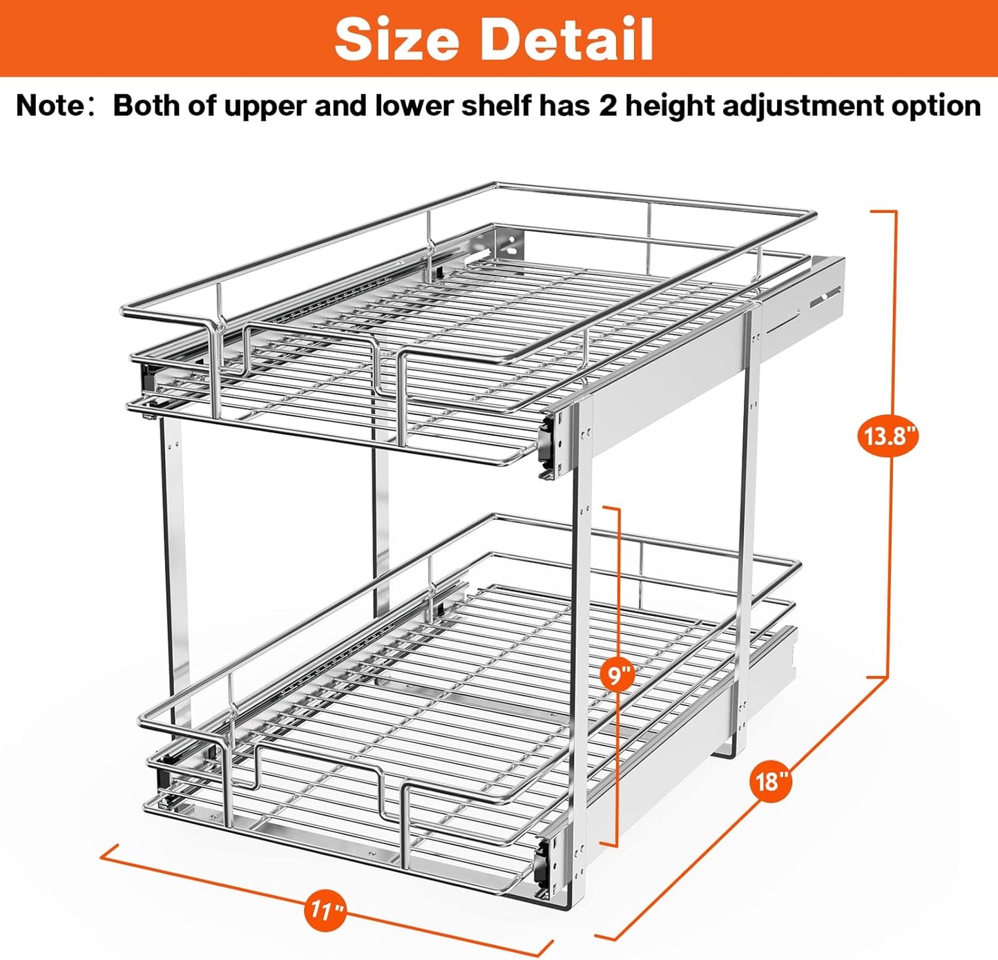 ROOMTEC Individual Pull Out Cabinet Organizer (11" W x 18" D), 2 Tier Spice Rack Organizer for Cabinet, Slide Out Drawer Pantry Shelf Organization and Storage for Kitchen Bathroom