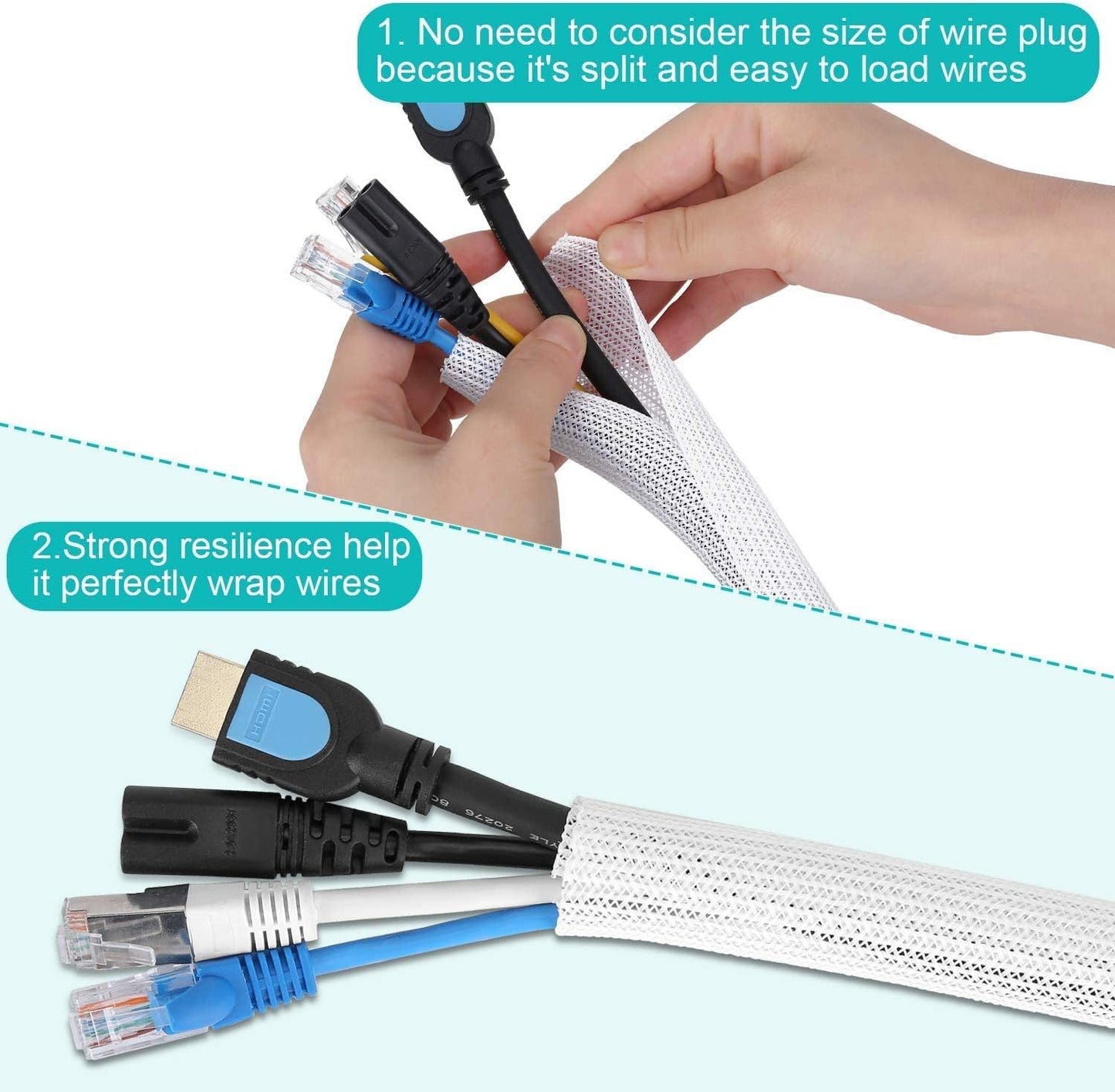 6.6ft - 1.2 inch White Cable Sleeve, Cable Organizer for Desk PC TV Computer, Wire Protector Cable Wrap Cover, Cord Management for Home Office