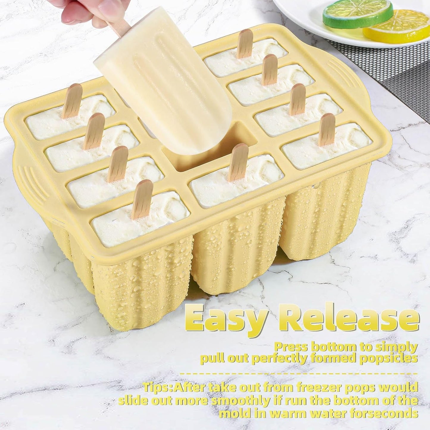 Silicone Popsicles Molds,Ice Pop Cream Mold Set Homemade Toddler Popsicle Maker For Kids Para Paletas De Helado Kulfi BPA Free, with 50 Sticks, 50 Bags,50 wire Ties (Yellow)