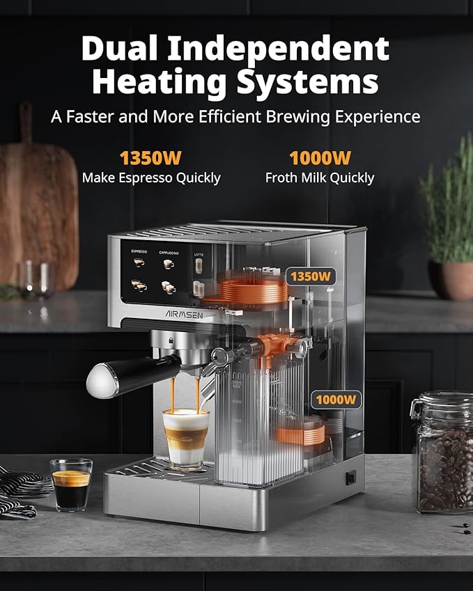 AIRMSEN 20 Bar Espresso Machine with Automatic Milk Frother, Cappuccino & Latte Coffee Maker with Quick Brew Dual Boiler (1350W + 1000W), Stainless Steel, 60oz Water Tank, Touchscreen