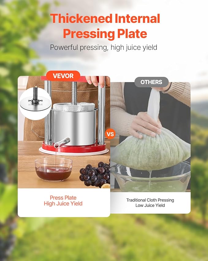 VEVOR 0.44 Gal/1.65L Fruit Wine Press, 2 Stainless Steel Barrels, Manual Juice Maker, Cider Apple Grape Tincture Honey Olive Oil Making Press with T-Handle for Outdoor Kitchen Home