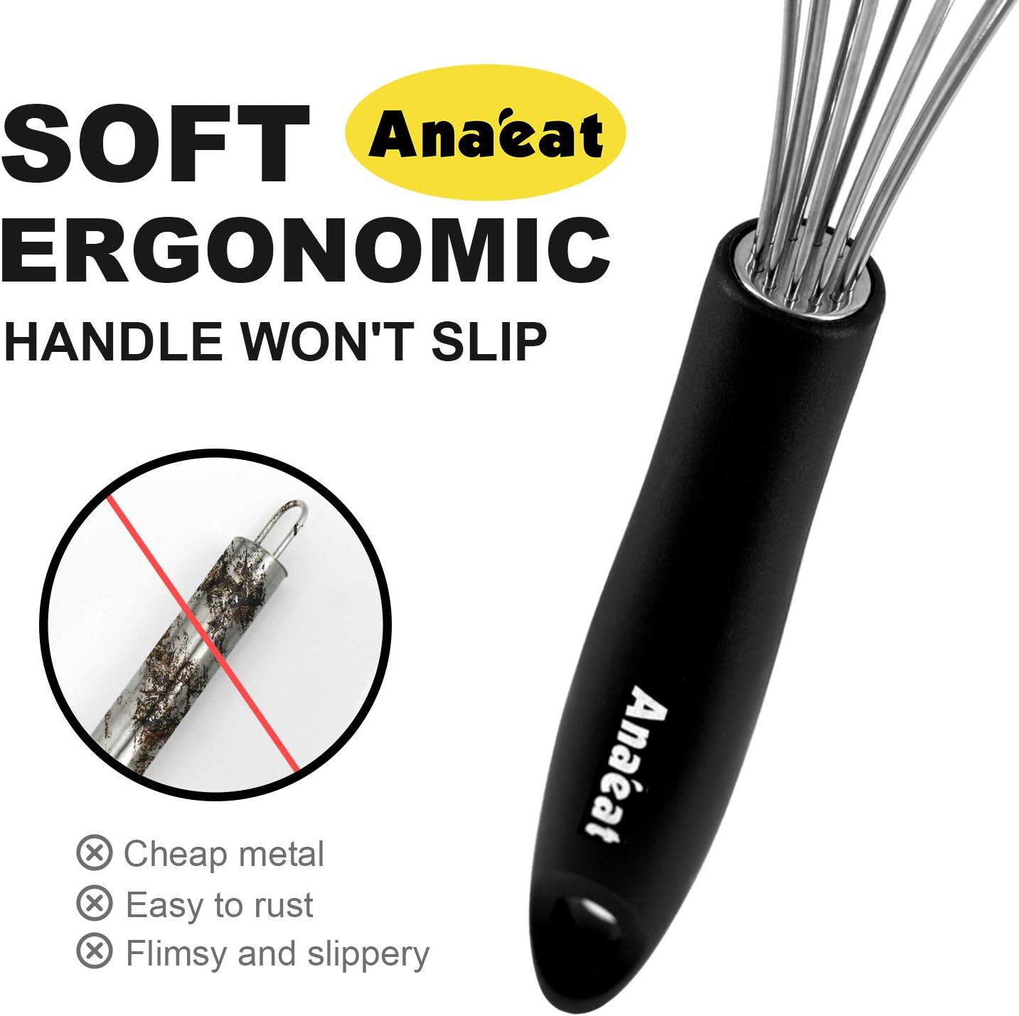 3 Packs Stainless Steel Whisk Set - Balloon Whisk, Anaeat Thick Stainless Steel Wire ＆ Strong Handles, Egg Beater for Cooking, Blending, Whisking, Beating and Stirring (8.5"+10.5"+12")