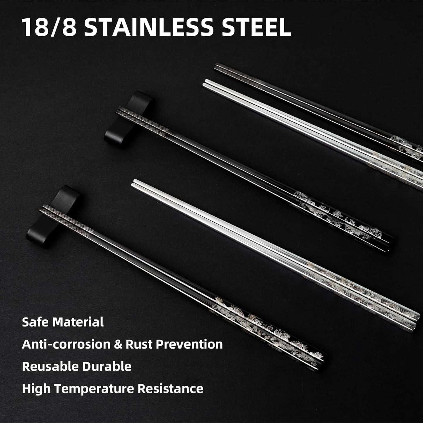 2 Pairs Reusable Stainless Steel Chopsticks, Laser-Engraved Non-Slip Grip, Dishwasher Safe, Japanese & Korean Style, Metal Chopstick Gift Set for Cooking, Dining & Travel (9")