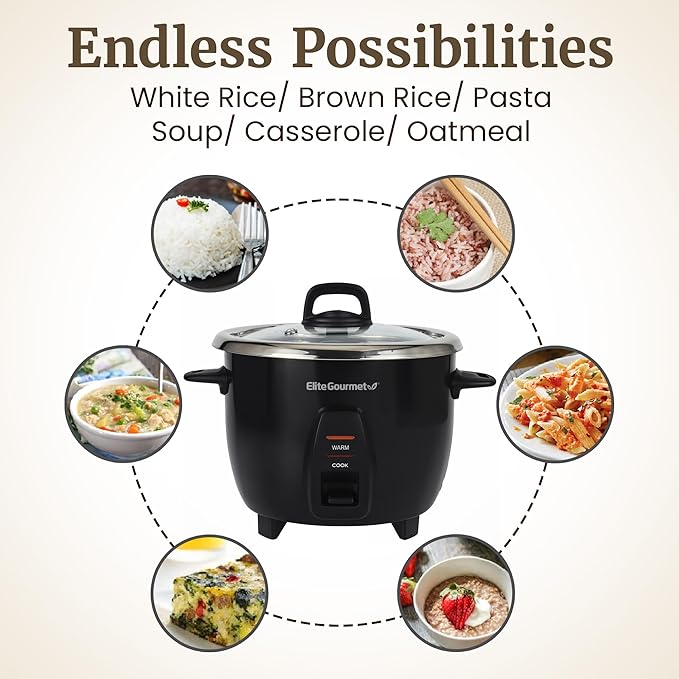 Elite Gourmet ERC2010B Electric Rice Cooker with Stainless Steel Inner Pot Makes Soups, Stews, Porridge's, Grains and Cereals, 10 cups cooked (5 Cups uncooked), Black