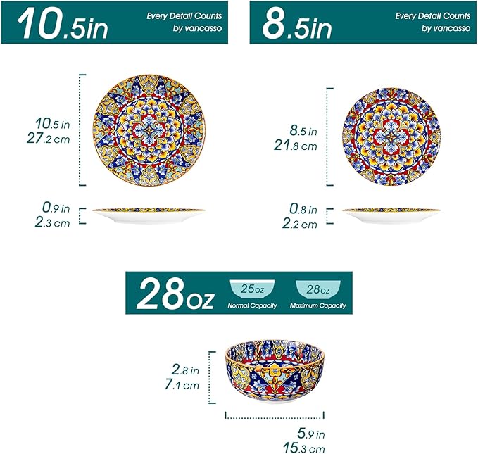 vancasso 12 Pieces Dinnerware Sets, Orange Plates and Bowls Set, Porcelain Dishes Set for 4, Microwave and Dishwasher Safe, Scratch Resistant, Bohemian Style Dining Ware Service for 4, Series SIMI