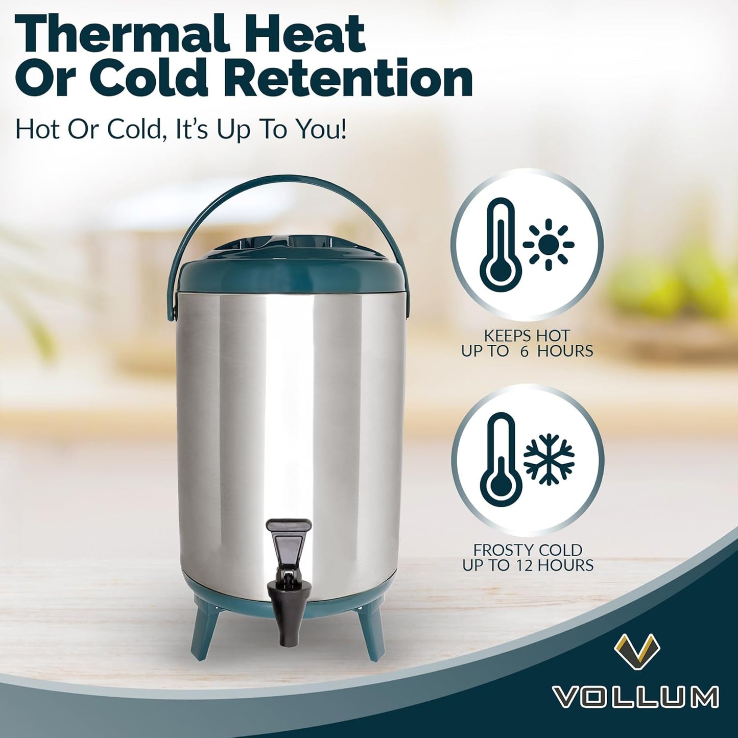 Stainless Steel Insulated Beverage Dispenser – Insulated Thermal Hot and Cold Coffee Carafe – 12 Liter Drink Dispenser with Spigot for Hot Water, Tea & Coffee, Cold Milk, Juice & More TEAL