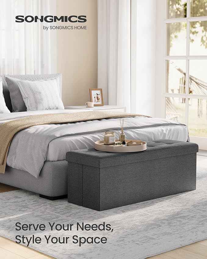 SONGMICS MAZIE Collection - 43 Inches Folding Storage Ottoman Bench, Ottoman Foot Rest, End of Bed Bench, Storage Chest, Load 660 lb, for Living Room, Bedroom, Entryway, Dark Gray ULSF77K