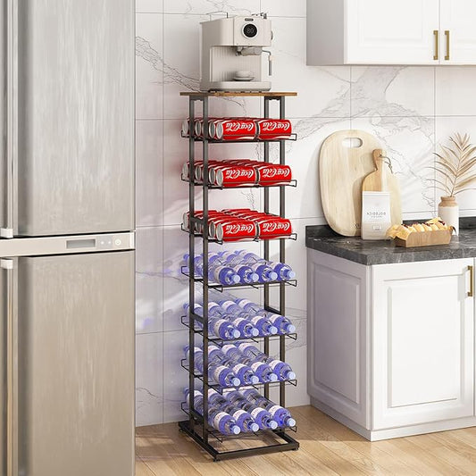 GILLAS 8 Tier with Wooden Top Water Bottle Storage with Wooden Tabletop,Metal Beverage Can Rack,Large Capacity Bottled Rack Water Bottle Holder Stand for Cabinet,Countertop Kitchen,Party,Black