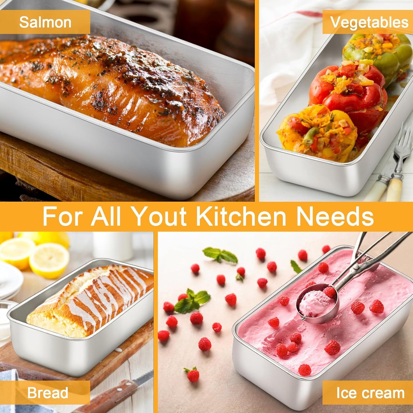 E-far Loaf Pan Set of 4, 9x5 Inch Stainless Steel Bread Loaf Pan, Metal Bakeware for Baking Bread Cake Meatloaf Brownies, Healthy & Non Toxic, Easy Release & Dishwasher Safe