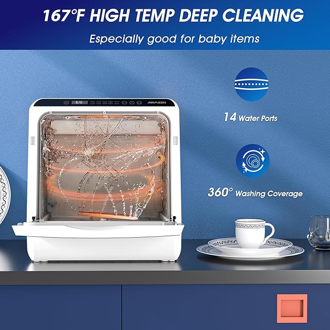 AIRMSEN Portable Countertop Dishwashers, 5 Washing Programs Mini Dishwashers with 5 L Built-in Water Tank and Double-layered Glass Door, No Hookup Needed for Home, Apartments & RVs