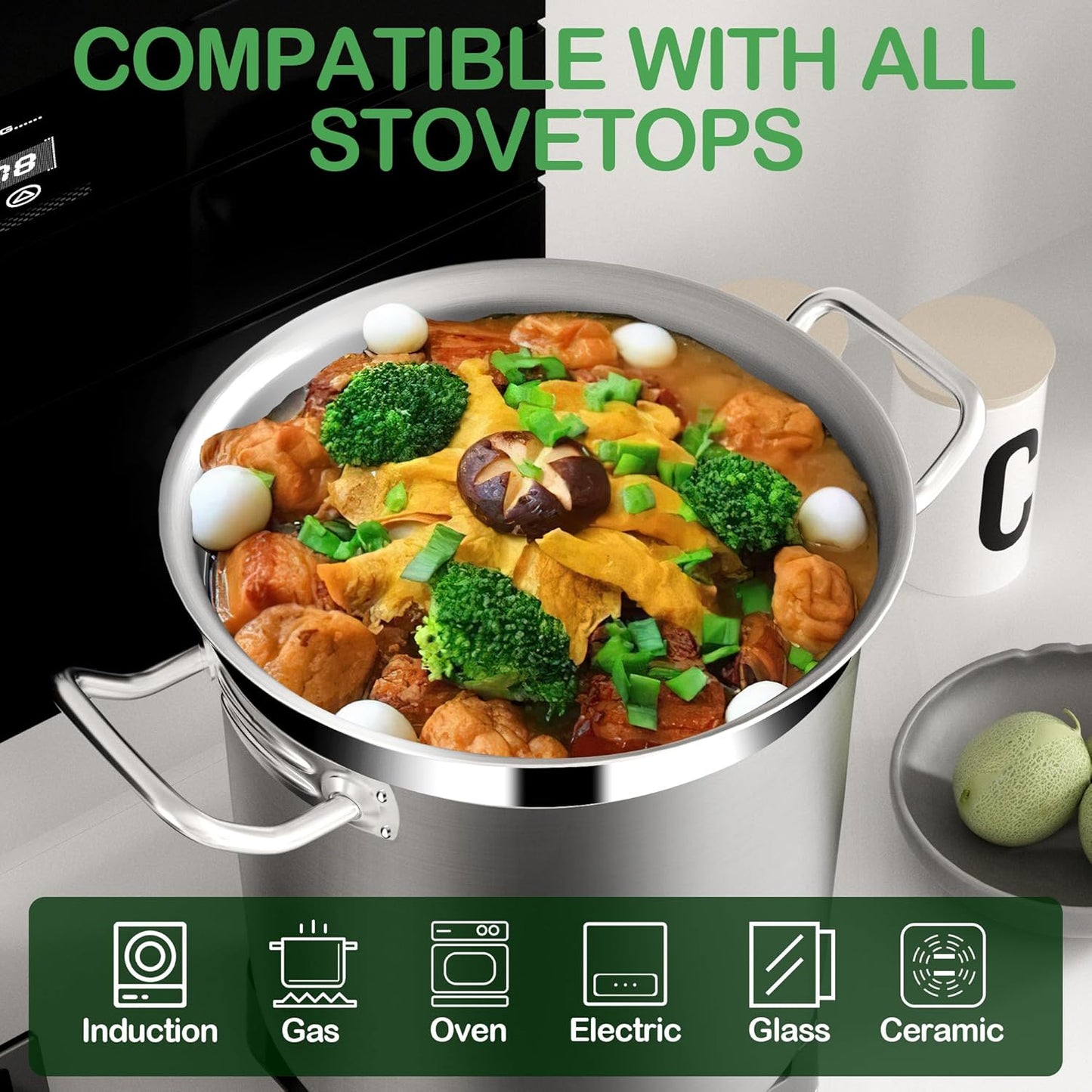 Stainless Steel 20 Quart Stockpot with Tempered Glass Lid, 3-Ply Base, 8.8 lbs, Polished Finish, Suitable for Stovetop and Oven