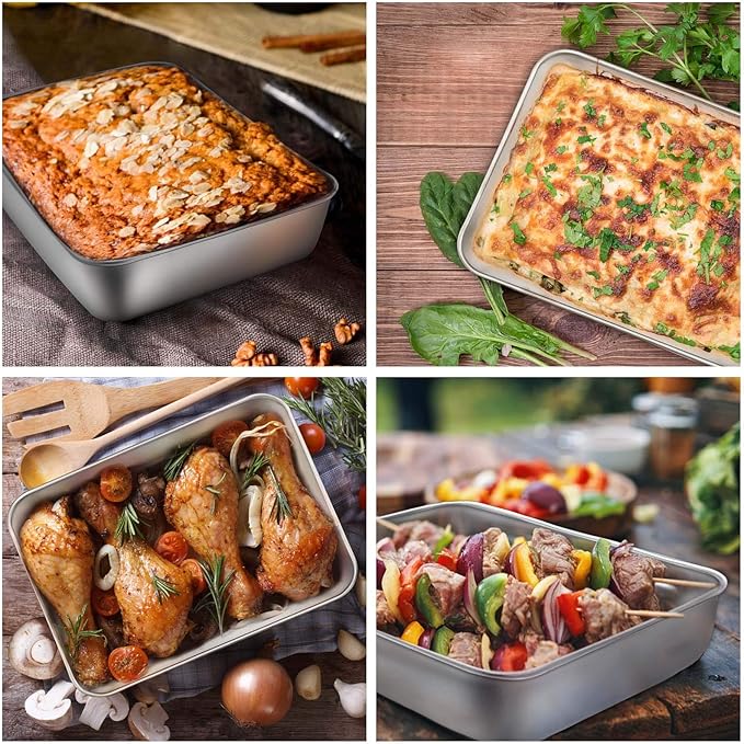E-far Small Baking Pan with Lid, 9.4”x 7” x 2” Stainless Steel Rectangle Sheet Cake Pans for Toaster Oven, Metal Covered Bakeware for Cakes Brownies Casseroles, Non-toxic & Dishwasher Safe - Set of 2
