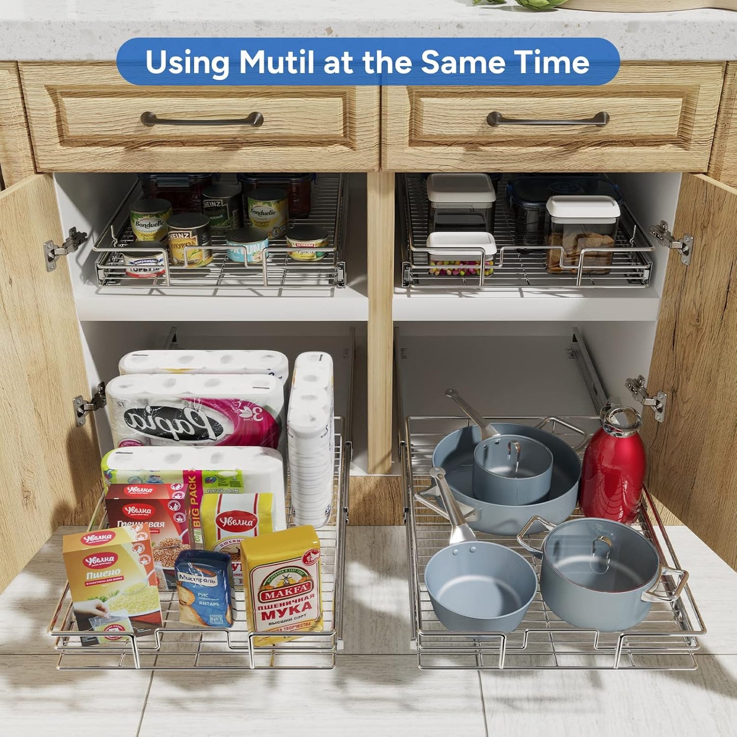 ROOMTEC Pull Out Cabinet Organizer, 1 Tier, Heavy Duty Slide Out Kitchen Cabinet Organizers, Smooth Drawer, Fits 12"+ Cabinets