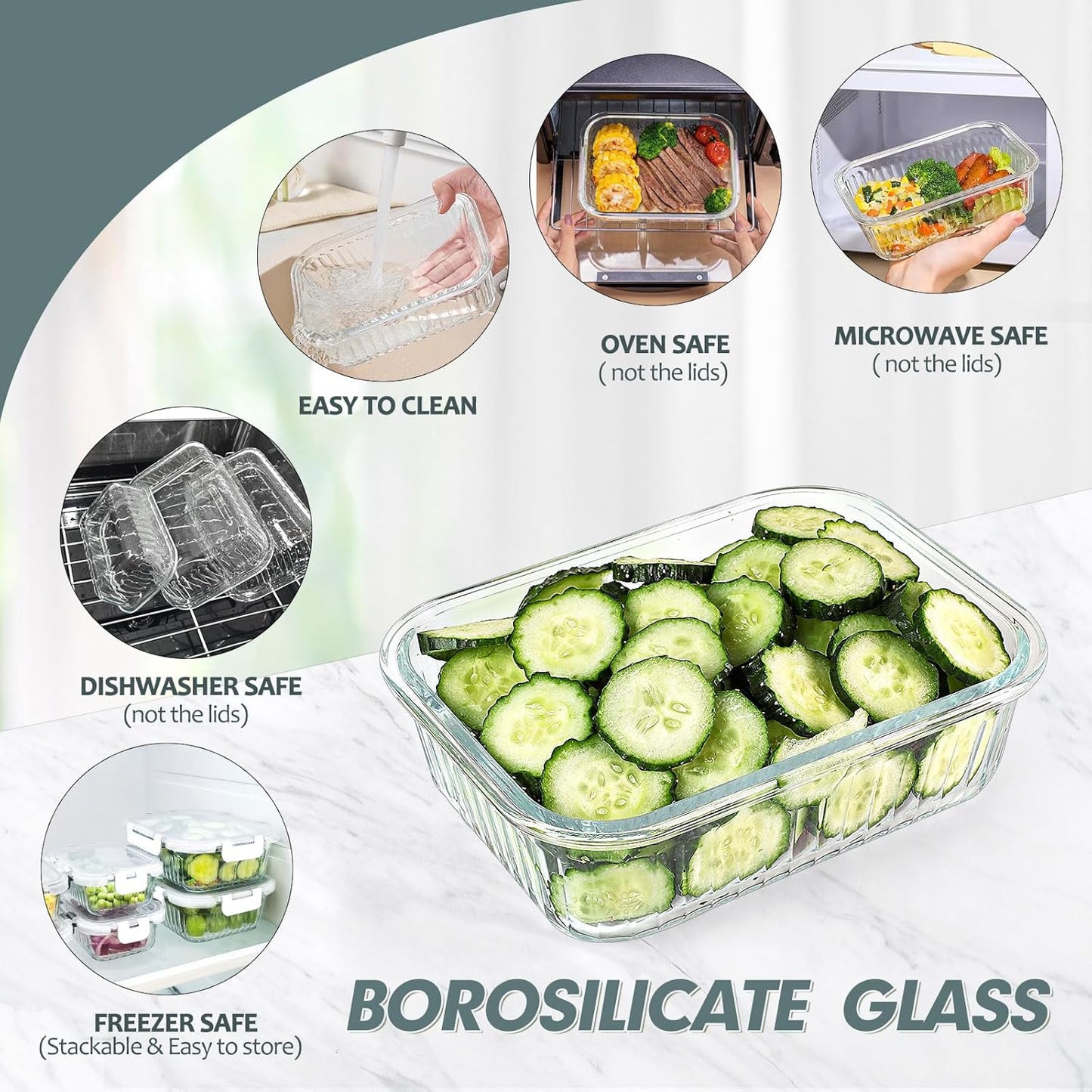 KOMUEE 10 Packs Glass Food Storage Containers Set, Glass Meal Prep Containers with Lids, Airtight Lunch Containers, Microwave, Oven, Freezer and Dishwasher Safe, White