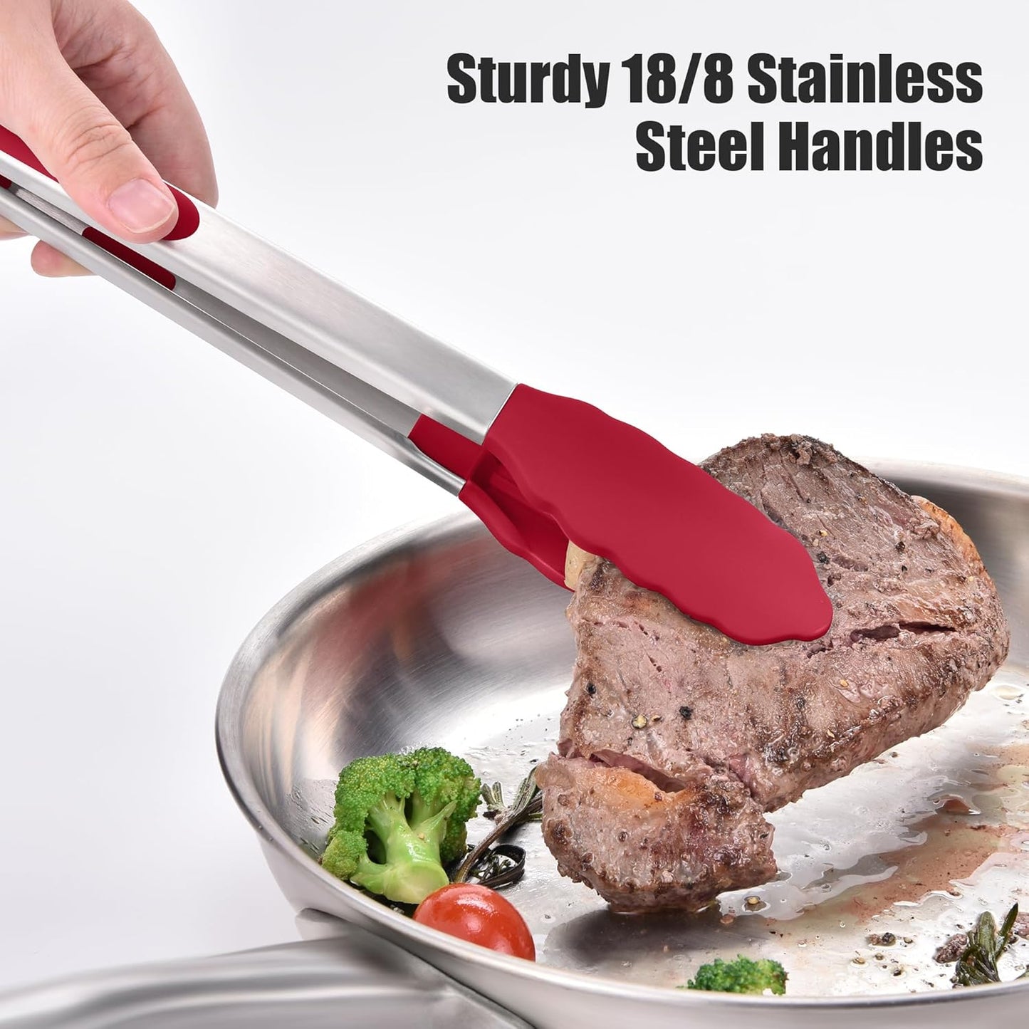 Doosu Kitchen Tongs for Cooking - 600°F Heat Resistant Food Tong with Non-Scratch Silicone Tips, Heavy Duty Stainless Steel Locking Tong for BBQ, Grilling Steak, Serving Salad, Pasta (12in, Red)