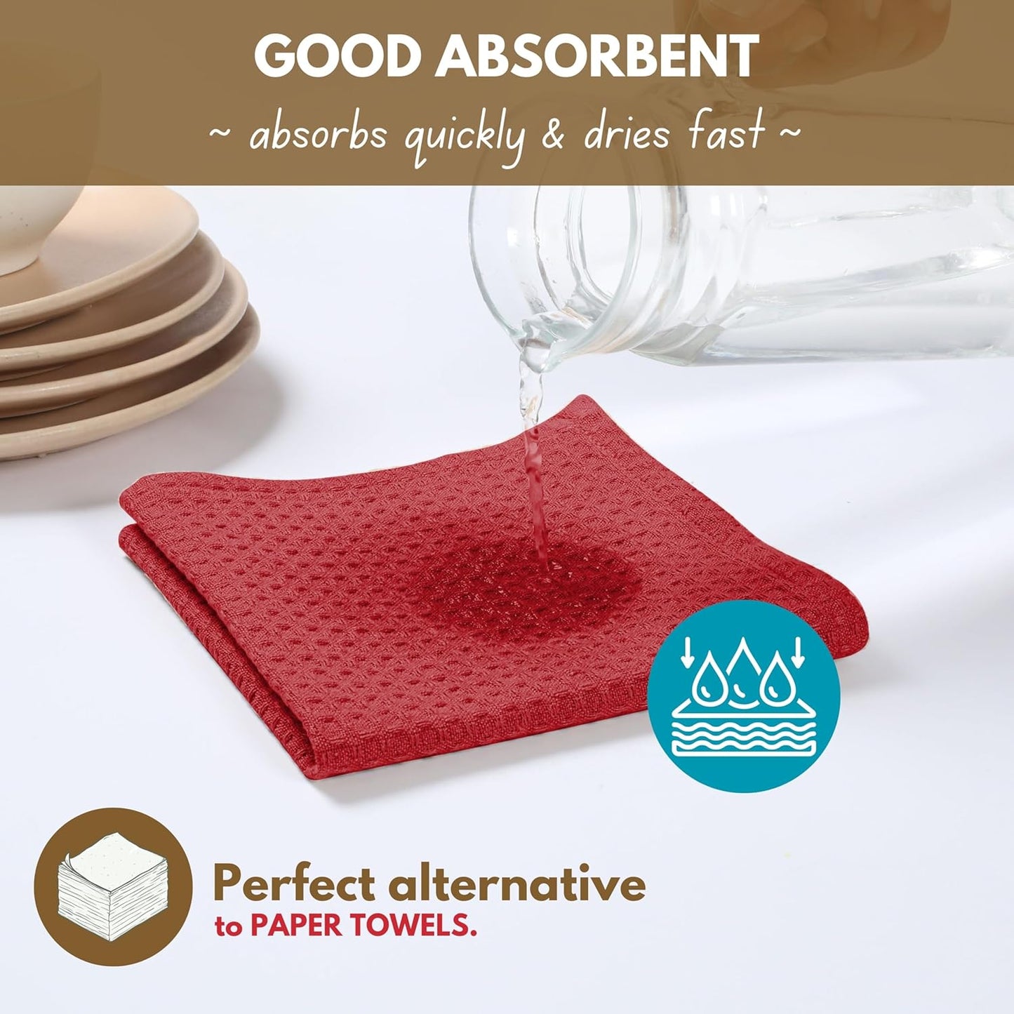 Native Fab Cotton Kitchen Towel with Hanging Loop 16x26 inches, 6-Pack, Waffle Weave Kitchen Towels for Cleaning Drying, Washcloths Soft & Absorbent Cloth Rags, Bar Towel, Dish Cloth, Red