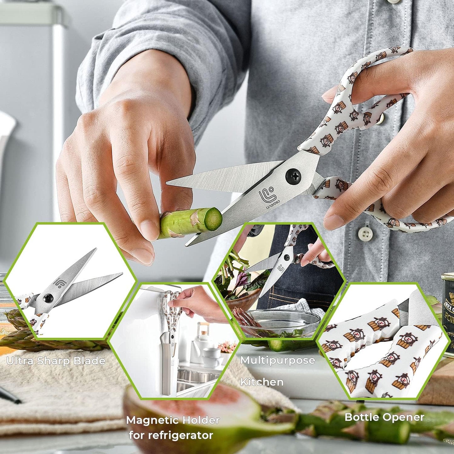 Linoroso Kitchen Scissors Heavy Duty Kitchen Shears with Magnetic Holder Made with Japanese Steel 4034, Multipurpose Ultra Sharp Cooking Scissors for Meat/Vegetables/BBQ/Herbs/Pizza (Graphic,Cow)