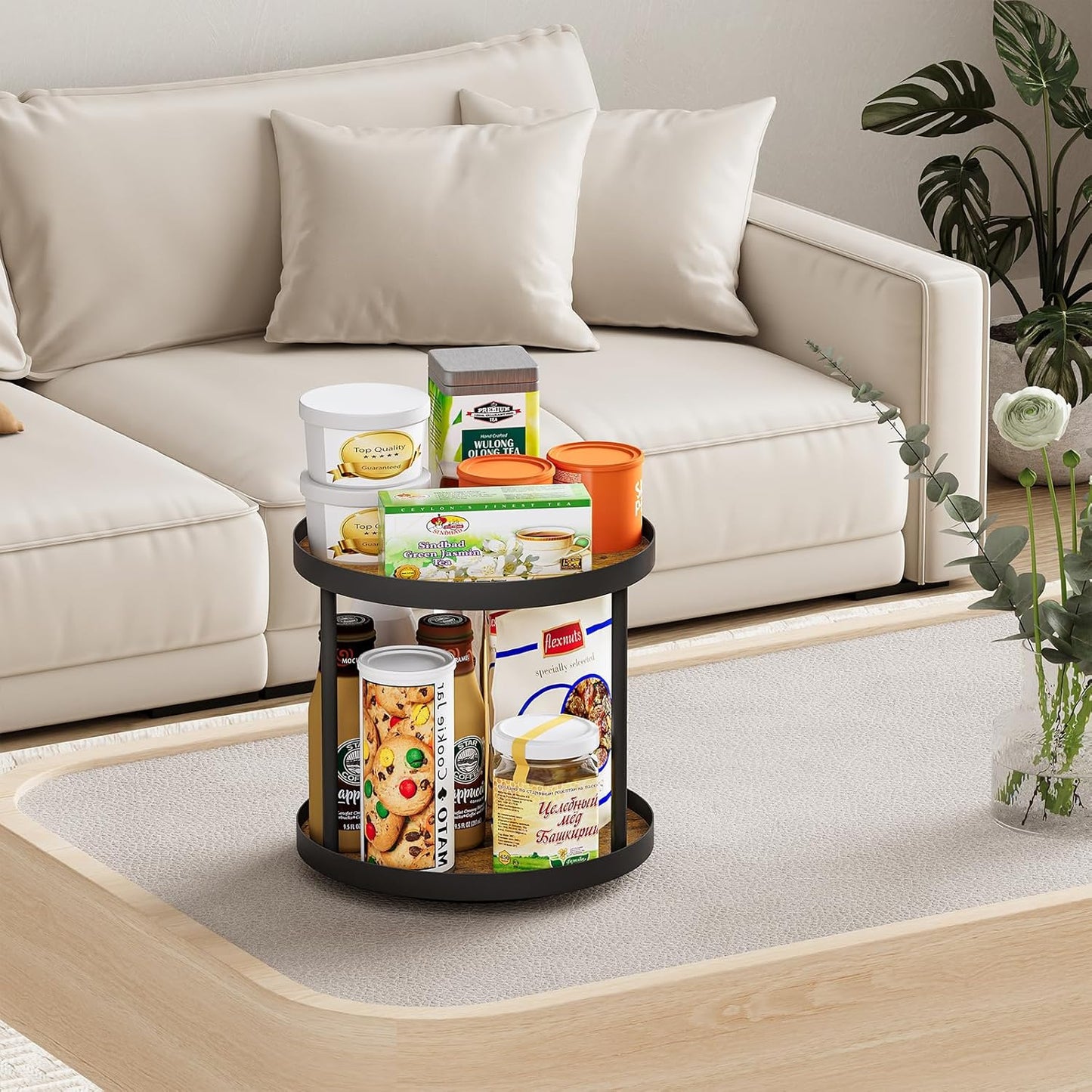 Giikin 2 Tier Lazy Susan Organizer, Two Tier Lazy Susan Turntable for Kitchen Countertop Spice Rack Organizer (Rustic Brown, 9.8" x 9.8" x 8.8")