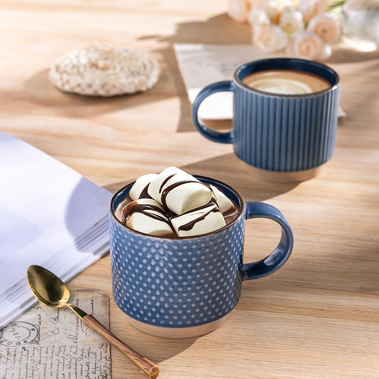 GBHOME 15OZ Stackable Coffee Mugs, Ceramic Coffee Cups with Texture Patterns for Man,Woman,Dad,Mom, Modern Coffee Mugs Set of 4 for Latte/Cappuccino/Cocoa. Dishwasher&Microwave Safe, Blue