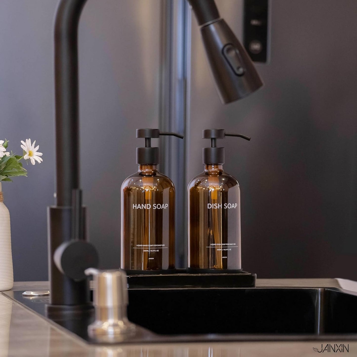 Glass Kitchen Soap Dispenser Set with Ceramic Tray,16.9 floz Hand and Dish Soap Dispenser for Kitchen and Bathroom Decor,Amber Kitchen Accessories(Amber Bottles + Black Pumps)