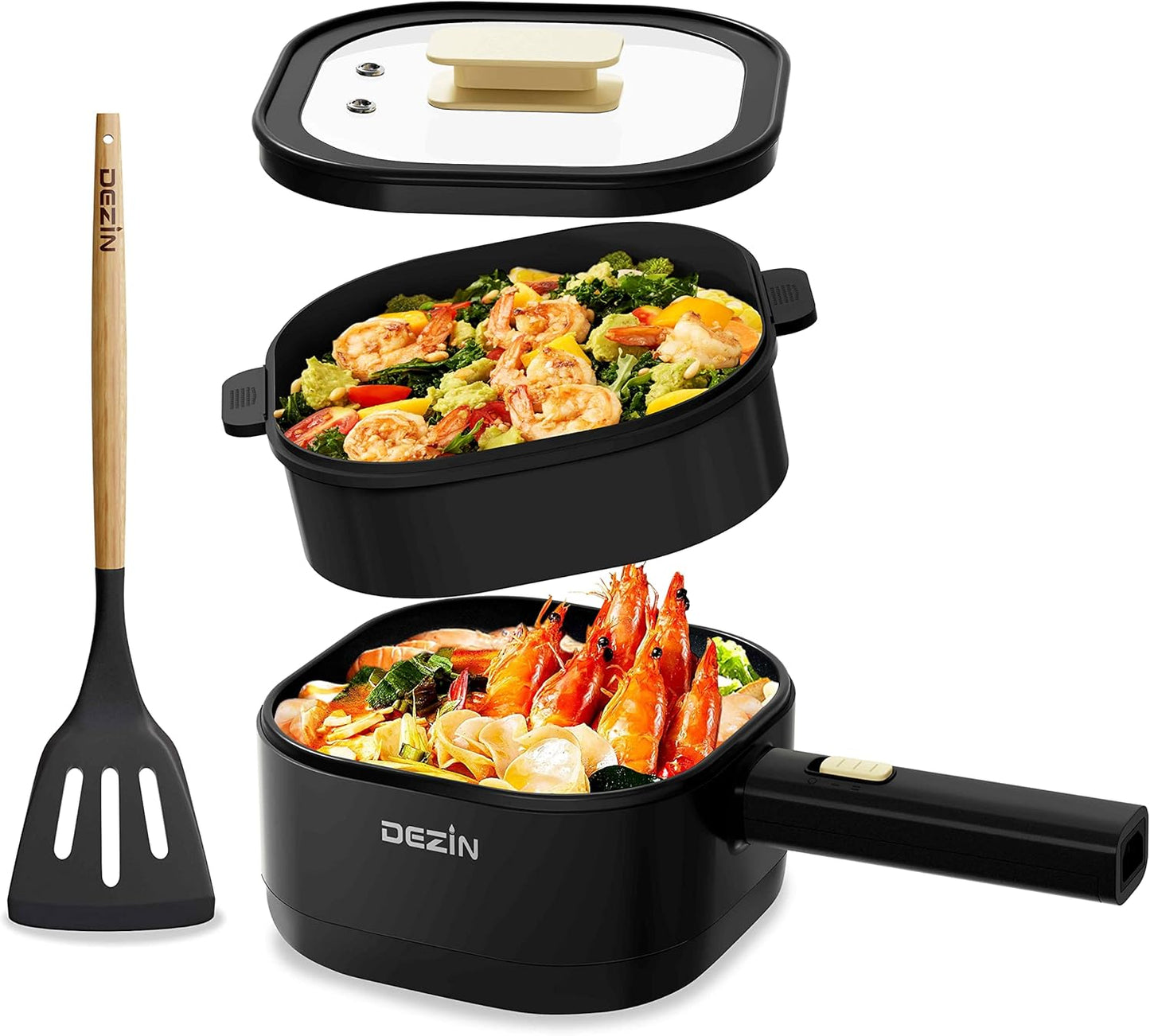Dezin 2L Electric Hot Pot with Steamer, Rapid 800W Non-Stick Ceramic Coating Dorm Cooking Pot, Plug in Electric Pan Cooker with Adjustable Power for College Hotel Office(Silicone Spatula Included)