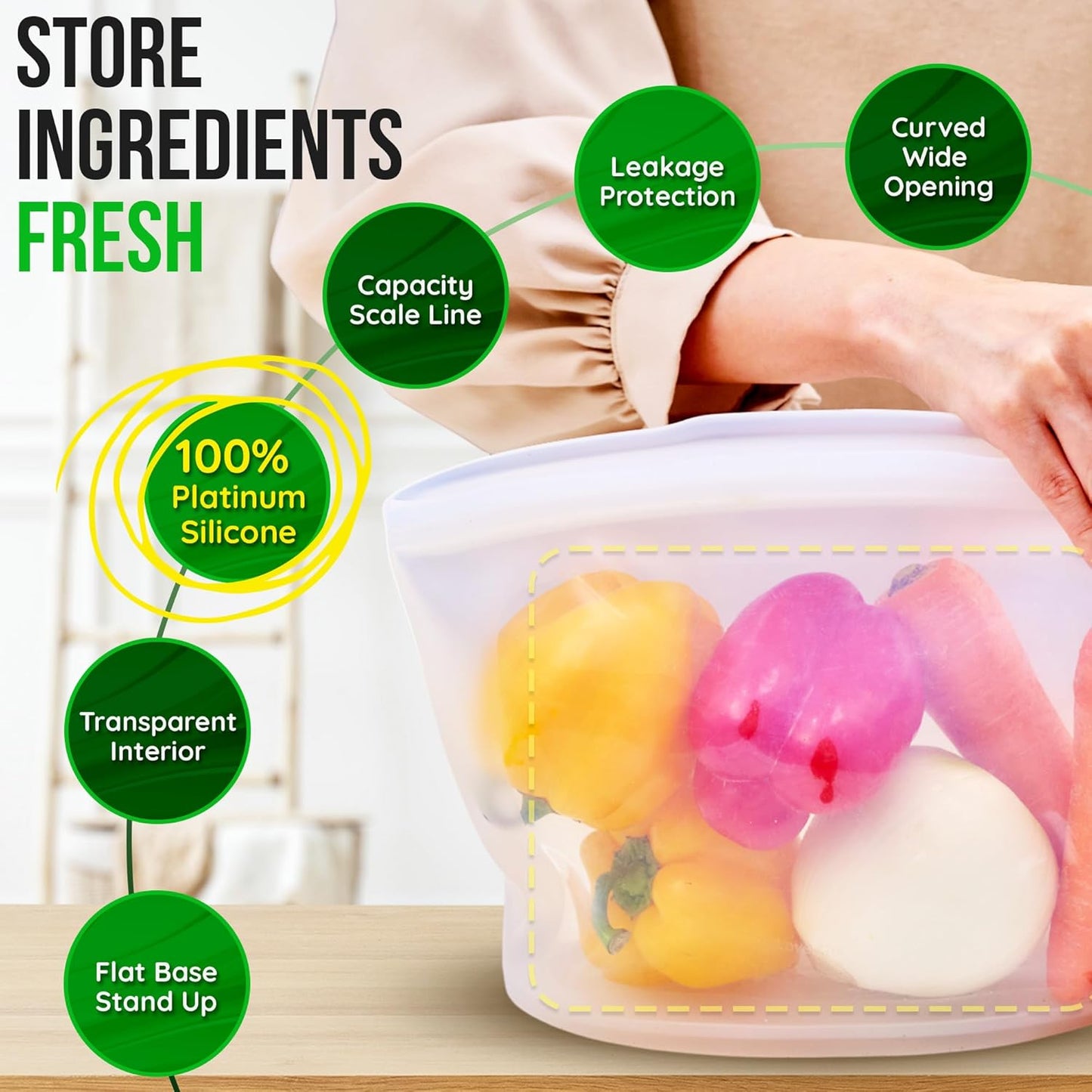 Reusable Silicone Food Storage Bags 3Set Airtight food Storage Containers Food Grade Silicone Snack Bags, BPA Free Food Storage Container, Microwave Safe, Sous Vide Container, Brown, 17oz+29oz+51oz