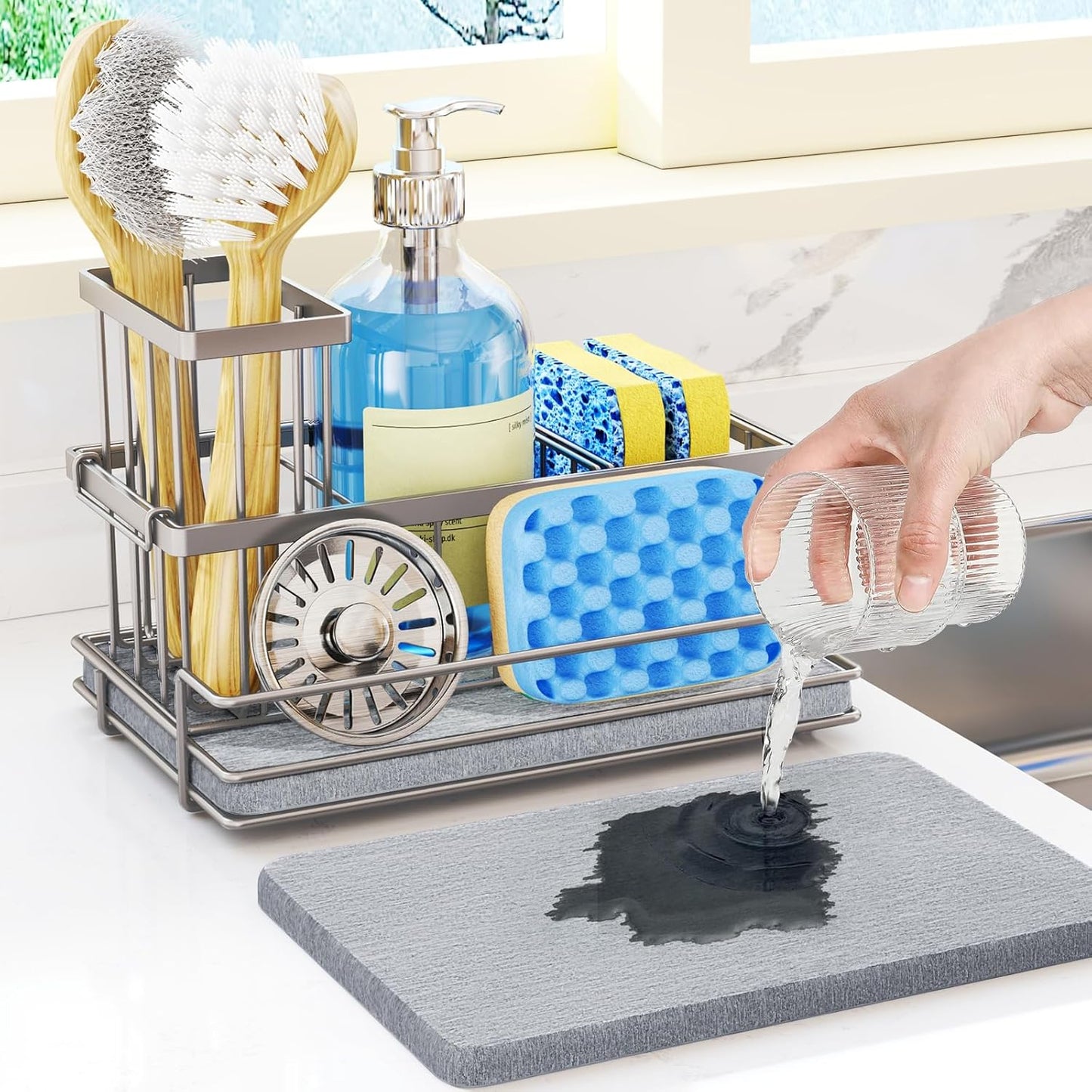HapiRm Sink Caddy Sponge Holder - Kitchen Sink Organizer with Instant Drying Stone and Brush Holder, Stainless Steel Sponge Caddy for Kitchen Countertop - Brushed Nickel