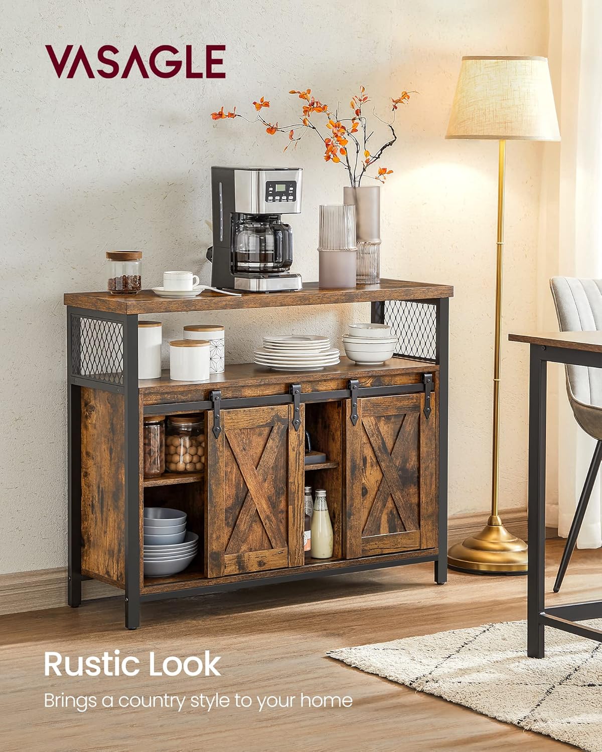 VASAGLE Buffet Cabinet, Coffee Bar Storage Cabinet, Sideboard with 2 Sliding Barn Doors, Adjustable Shelves, 13 x 39.4 x 31.5 Inches, for Living Room, Rustic Brown and Ink Black ULSC092B01