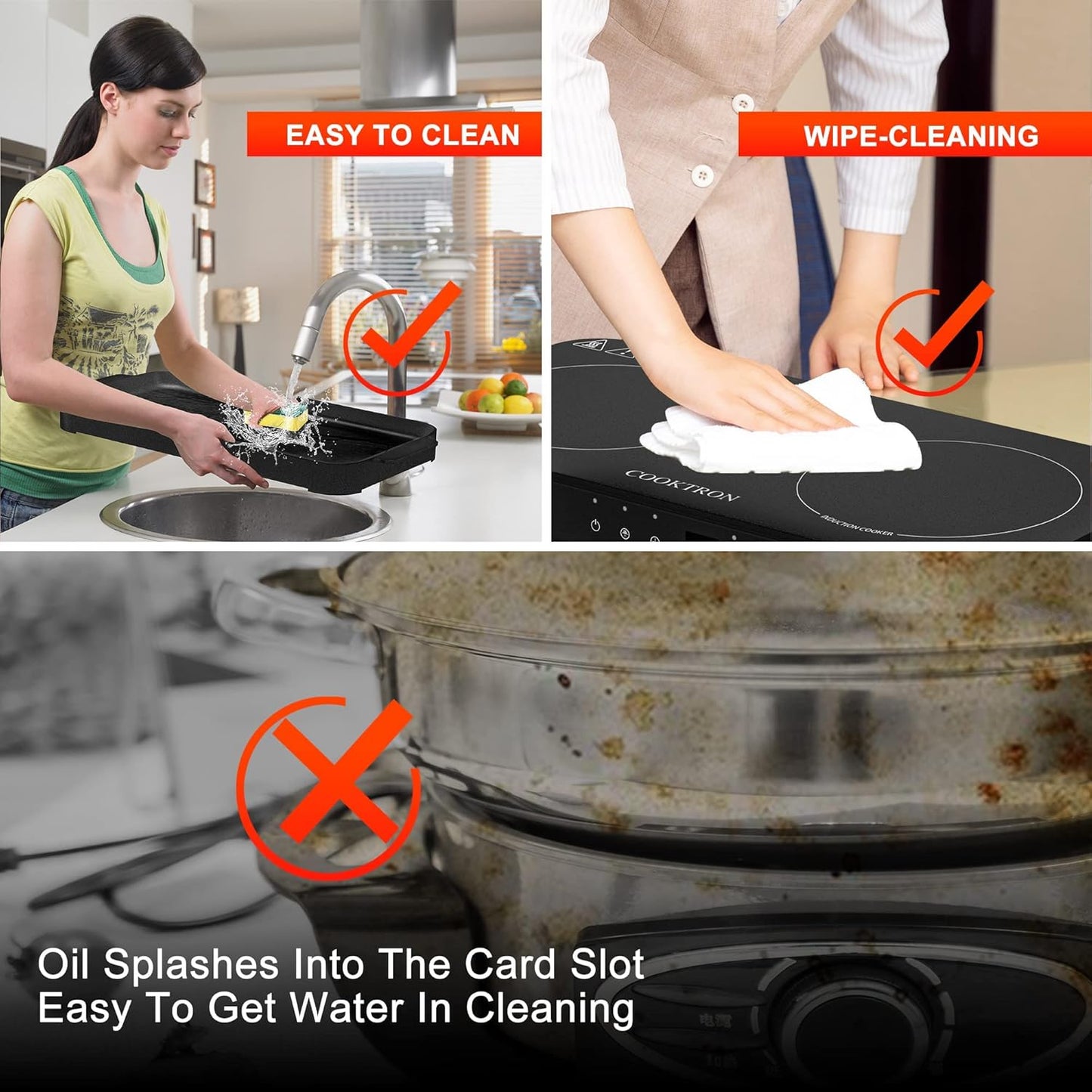 Portable Induction Cooktop 2 Burner with Removable Iron Cast Griddle Pan Non-stick, 1800W Double Induction Cooktop with Child Safety Lock & Time, Great for Family Party