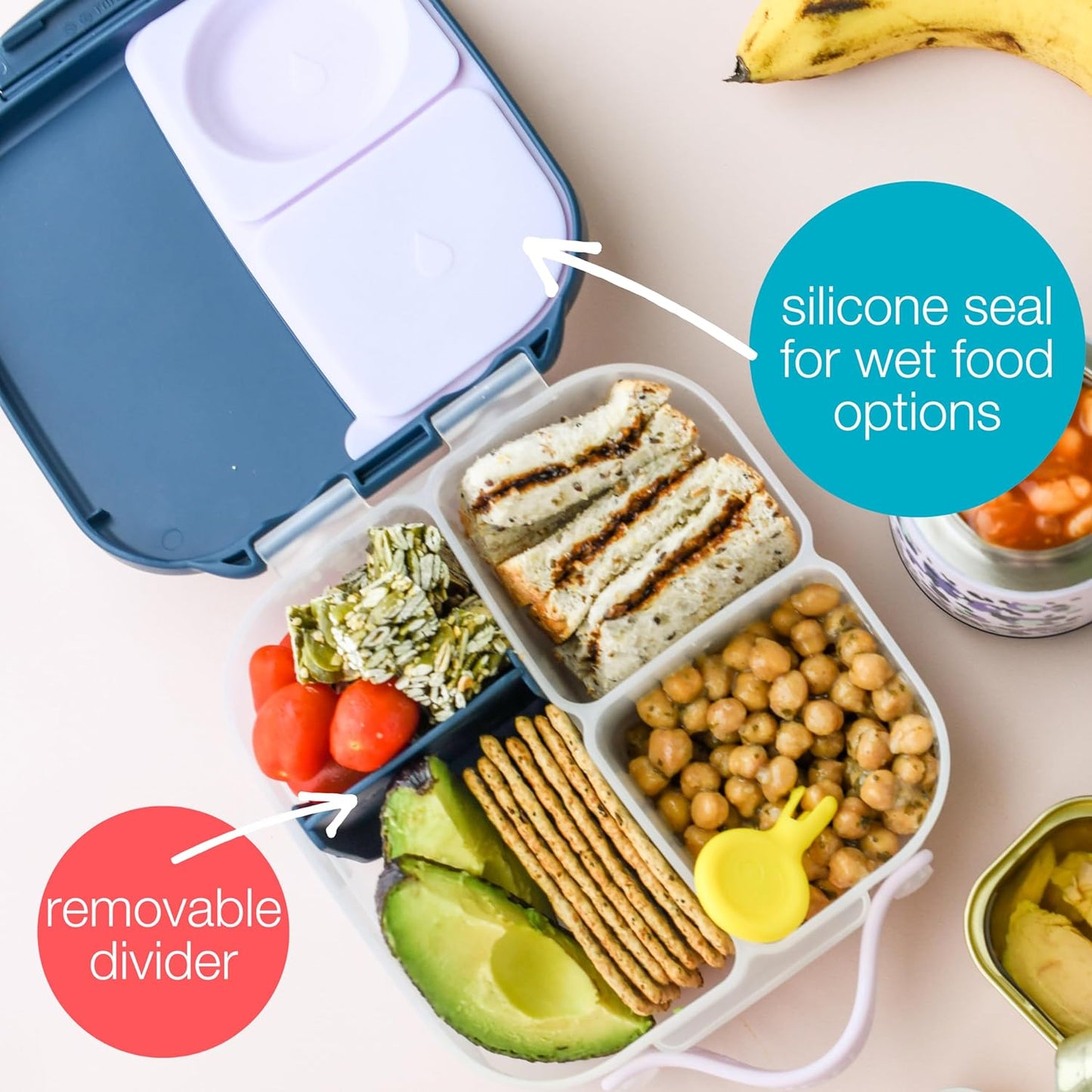 b.box Mini Lunch Box (2-pack), Bento Box for Kids Snack Container with 2 Leak-Proof Compartments, Reusable Snack Containers with Lids, BPA Free Kids Lunch Box, 4 1/4 Cup (Lilac Pop+Strawberry Shake)