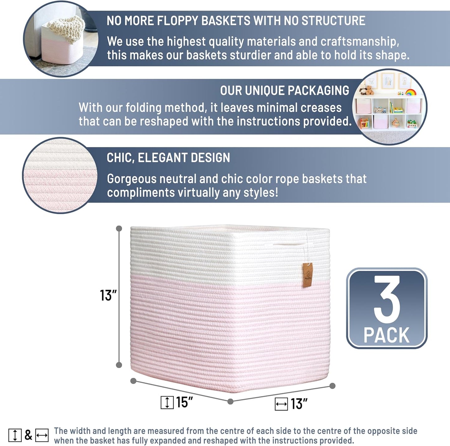 NaturalCozy 13x15x13 Kallax Storage Cubes, 3 Pack | Cotton Rope Cube Storage Bins Woven Baskets for Organizing | Kallax Insert Baskets for Shelves Organizer, Kids Toy, Pantry, Closet, Baby Nursery