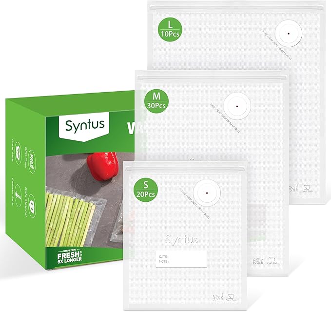 Syntus Vacuum Sealer Bags for Food, 60 Pcs (S+M+L) 8" x 10" and 10" x 13.8" and 11.8" x 13.8" Food Storage Bags for Sous Vide Cooking Microwave Heating, Air Valve Zipper Bags